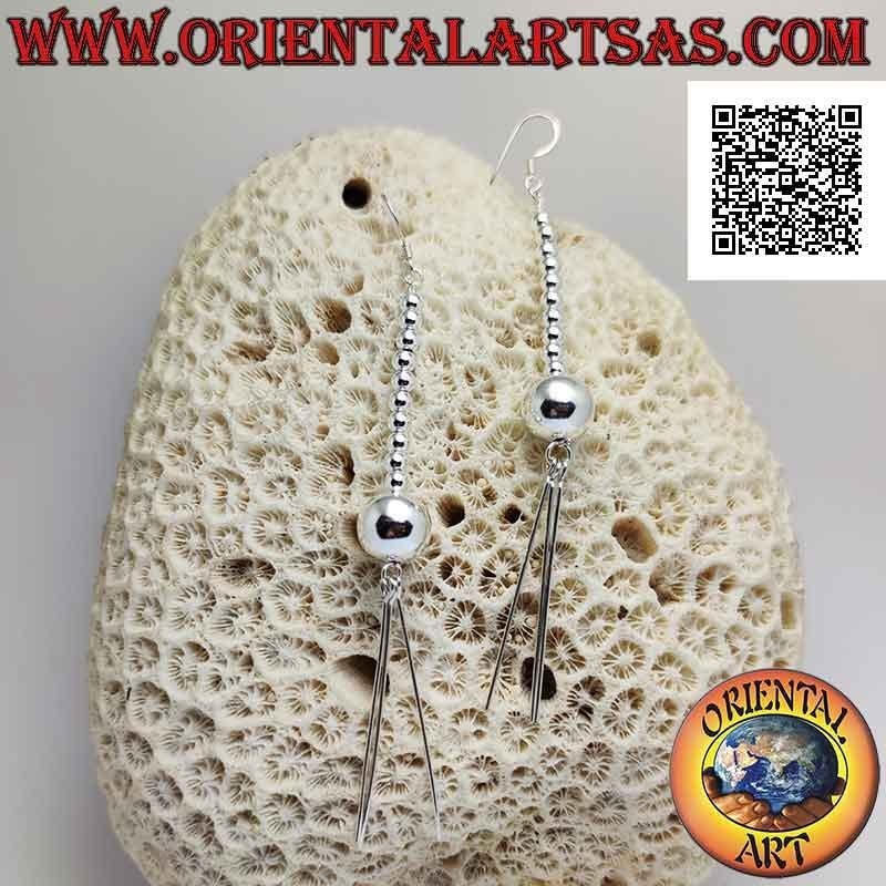 Pendientes de plata serie de esferas lisas con gran esfera final y tres palos colgantes