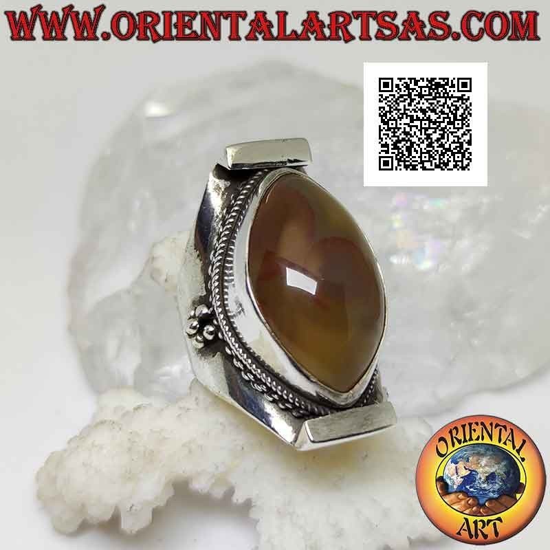 Silberring mit zweifarbig ovalem Shiva's Eye Achat auf nepalesischer Fassung (gelb - orange)