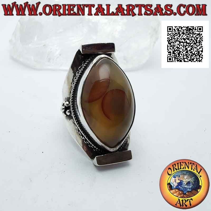 Silver ring with two-tone oval Shiva's eye agate on Nepalese setting (yellow - orange)