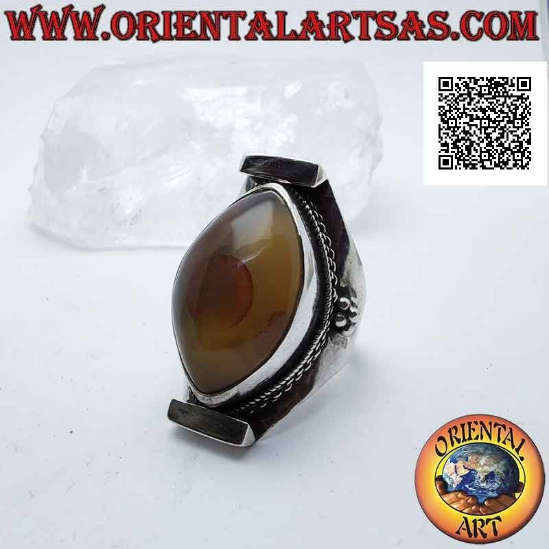 Silberring mit zweifarbig ovalem Shiva's Eye Achat auf nepalesischer Fassung (gelb - orange)