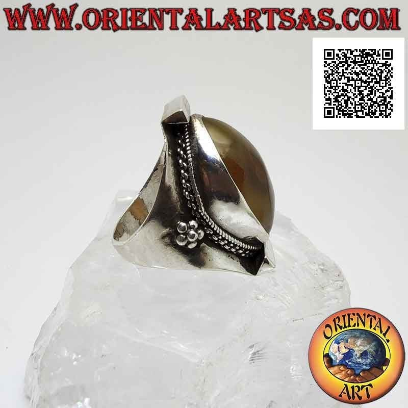 Silberring mit zweifarbig ovalem Shiva's Eye Achat auf nepalesischer Fassung (gelb - orange)