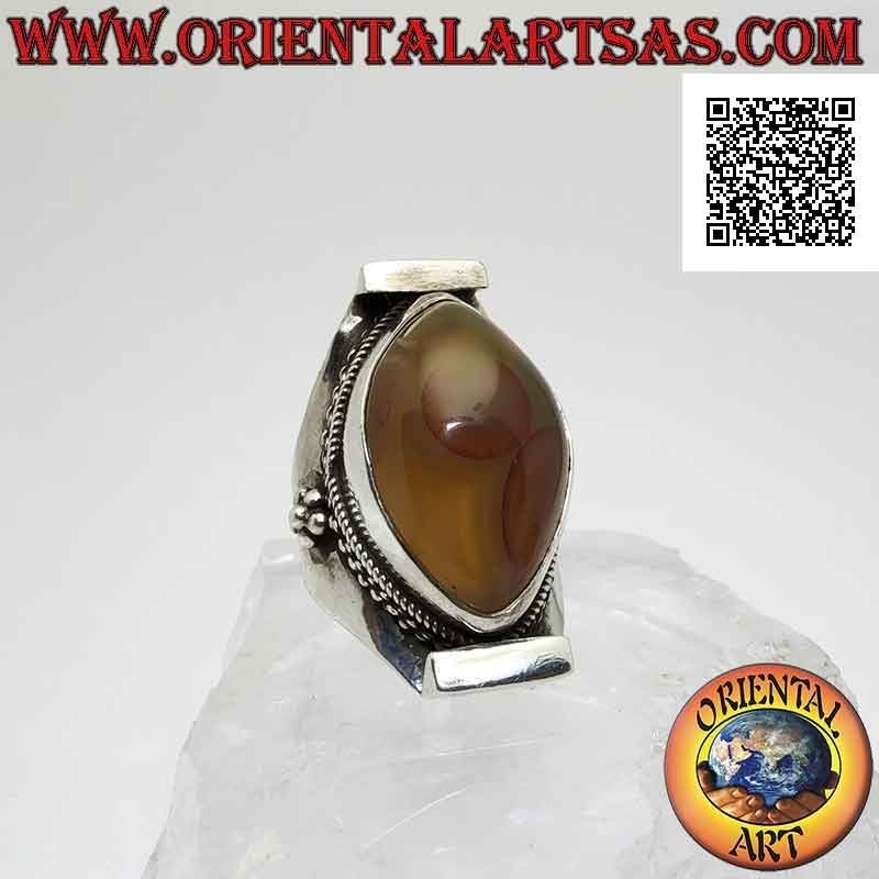 Silberring mit zweifarbig ovalem Shiva's Eye Achat auf nepalesischer Fassung (gelb - orange)