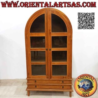 Vetrina alta curva a doppia anta (quattro ripiani e due cassetti) in legno di teak