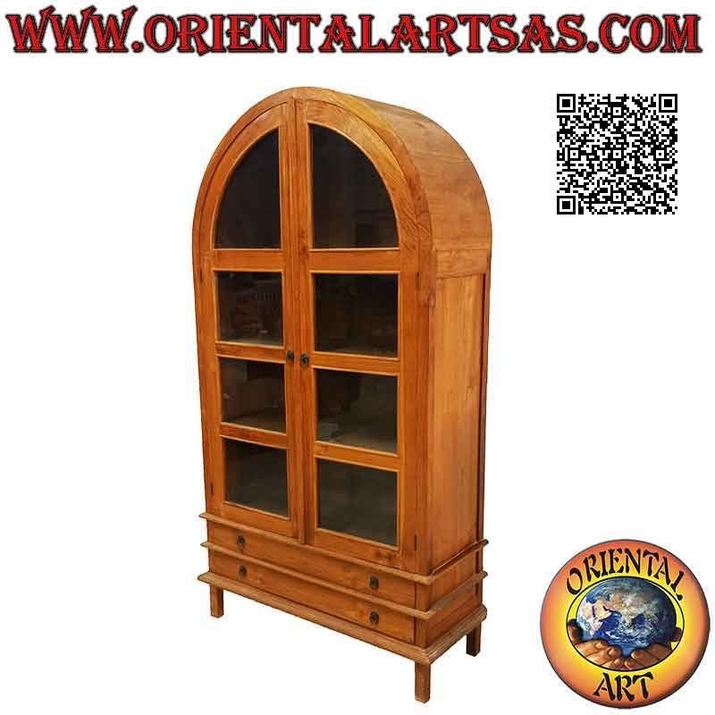 Vetrina alta curva a doppia anta (quattro ripiani e due cassetti) in legno di teak