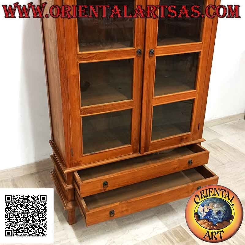 High curved display cabinet with double door (four shelves and two drawers) in teak wood