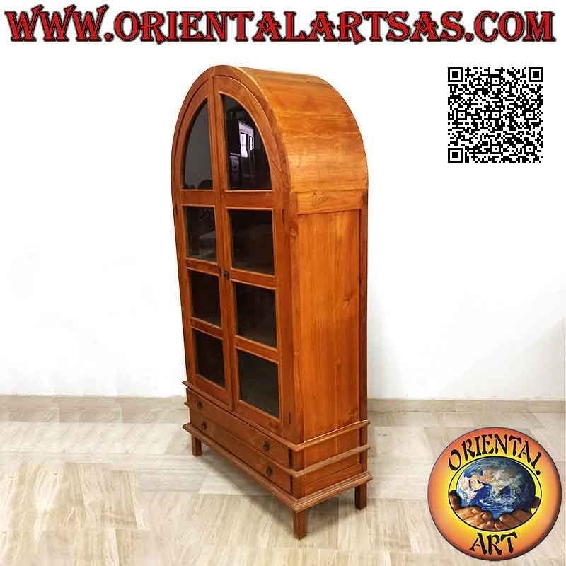 Vetrina alta curva a doppia anta (quattro ripiani e due cassetti) in legno di teak