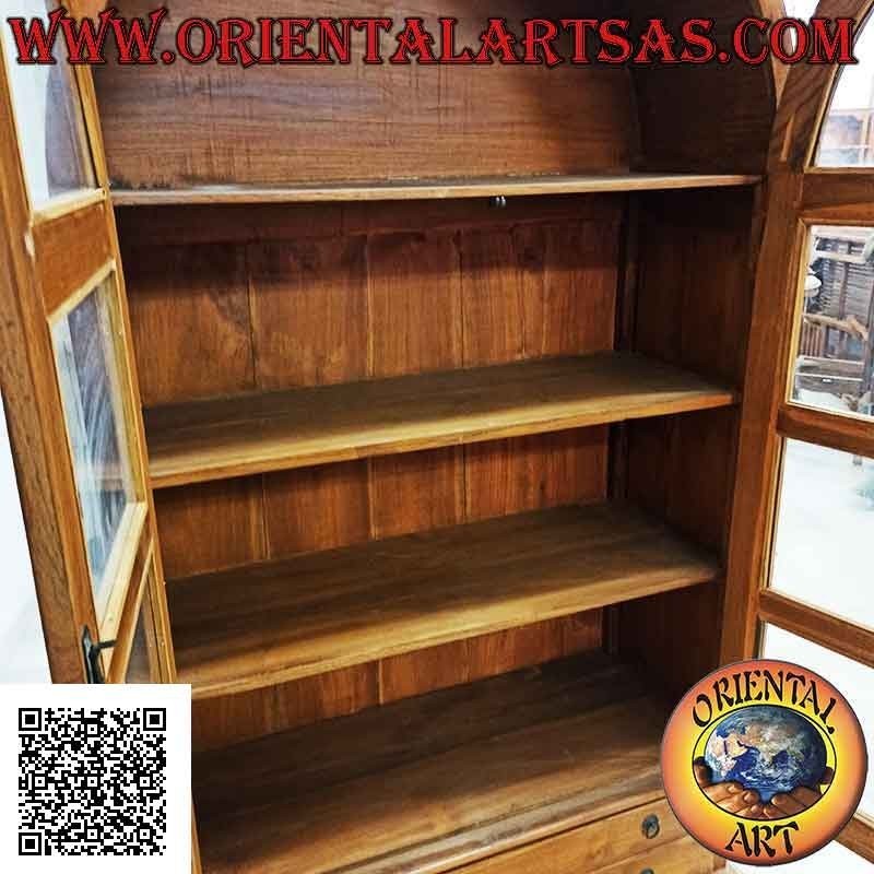 High curved display cabinet with double door (four shelves and two drawers) in teak wood