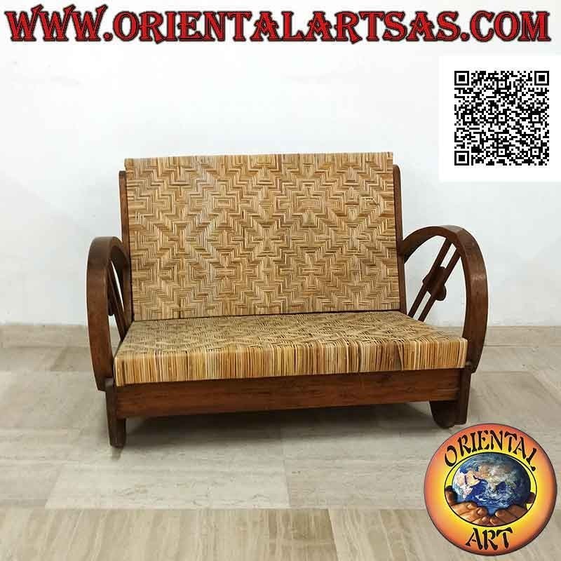 Fauteuil bas deux places de style impérial en bois de teck et bambou (double sangle et coeur)