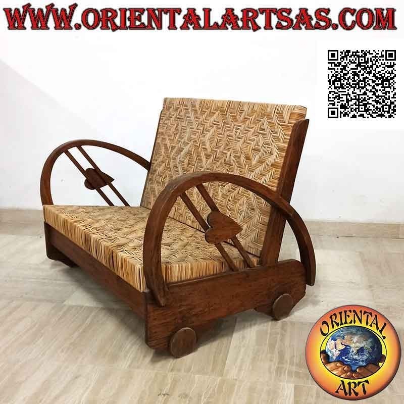 Fauteuil bas deux places de style impérial en bois de teck et bambou (double sangle et coeur)