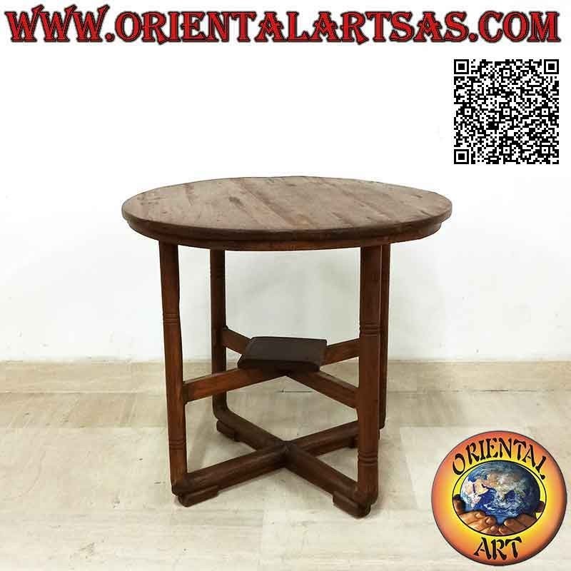 Round table with four legs intersected in the center on two levels in antique teak wood (65 cm Ø)