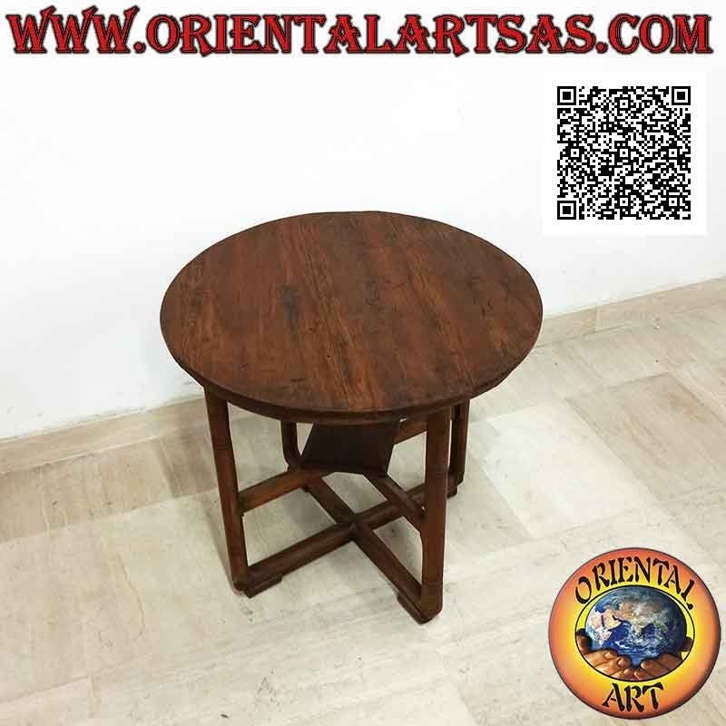 Mesa redonda con cuatro patas cruzadas en el centro en dos niveles en madera de teca antigua (65 cm Ø)