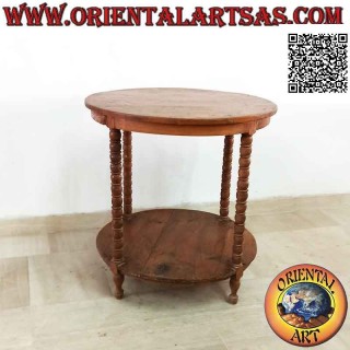 Tavolo tondo a quattro piedi di sfere con ripiano sotto in legno antico di teak (70 cm Ø)