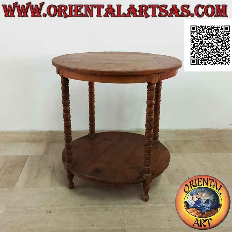Mesa redonda con cuatro pies de esferas con estante debajo en madera de teca antigua (70 cm Ø)