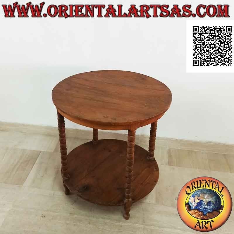 Round table with four feet of spheres with shelf underneath in antique teak wood (70 cm Ø)