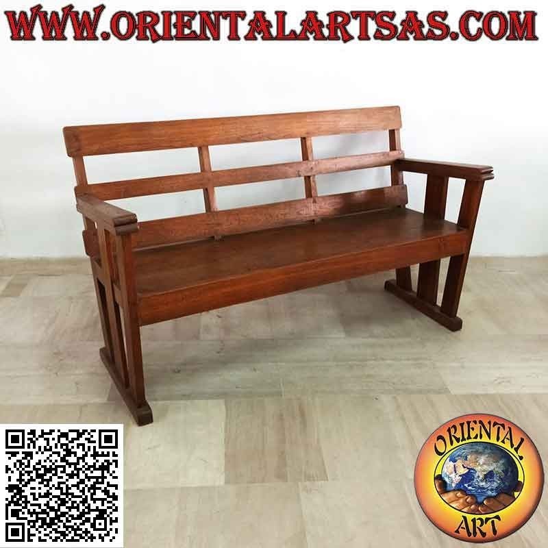 Banco antiguo lineal de tres plazas en madera de teca maciza antigua