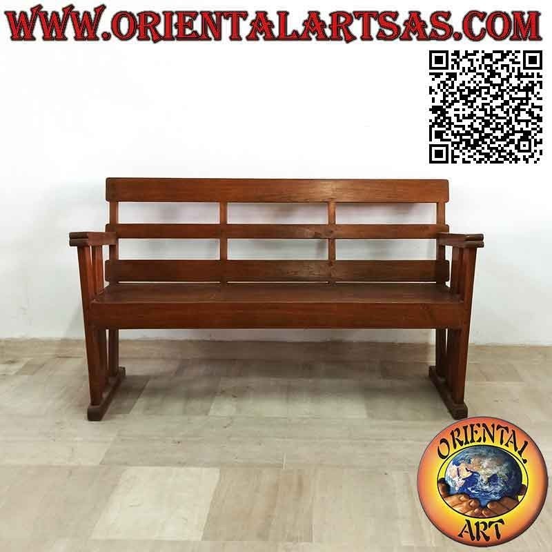 Banc linéaire antique trois places en bois de teck massif antique