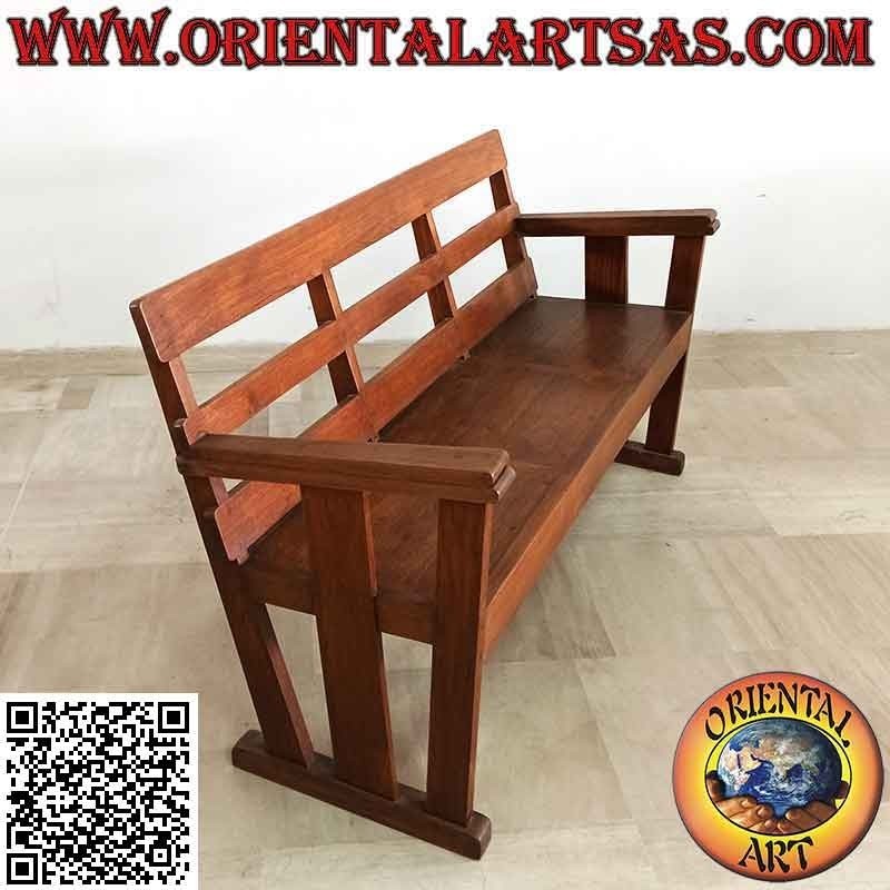 Panca antica lineare a tre posti in legno massiccio antico di teak