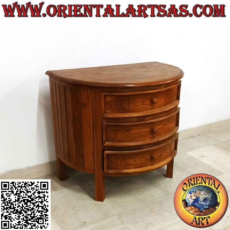Half-moon chest of drawers with three drawers in teak wood