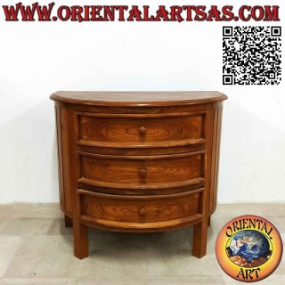 Cassettiera a mezzaluna con tre cassetti in legno di teak