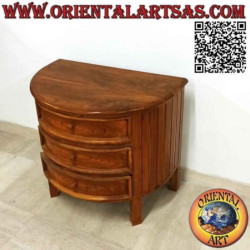Commode demi-lune avec trois tiroirs en bois de teck