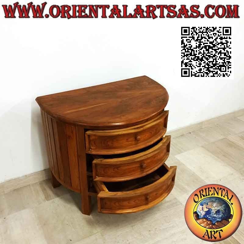 Commode demi-lune avec trois tiroirs en bois de teck
