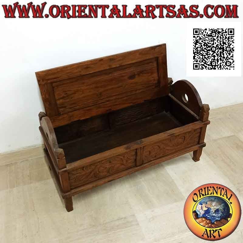 Banco - cofre con decoración floral tallada en madera de teca (se puede abrir)