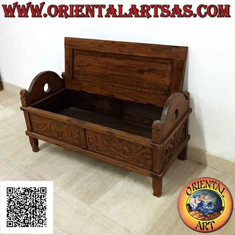 Bench - chest with floral decoration carved in teak wood (can be opened)