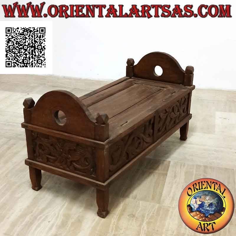 Banco - cofre con decoración floral tallada en madera de teca (se puede abrir)