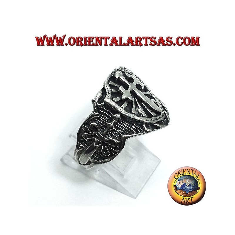 Silver ring, shield medieval sword cross