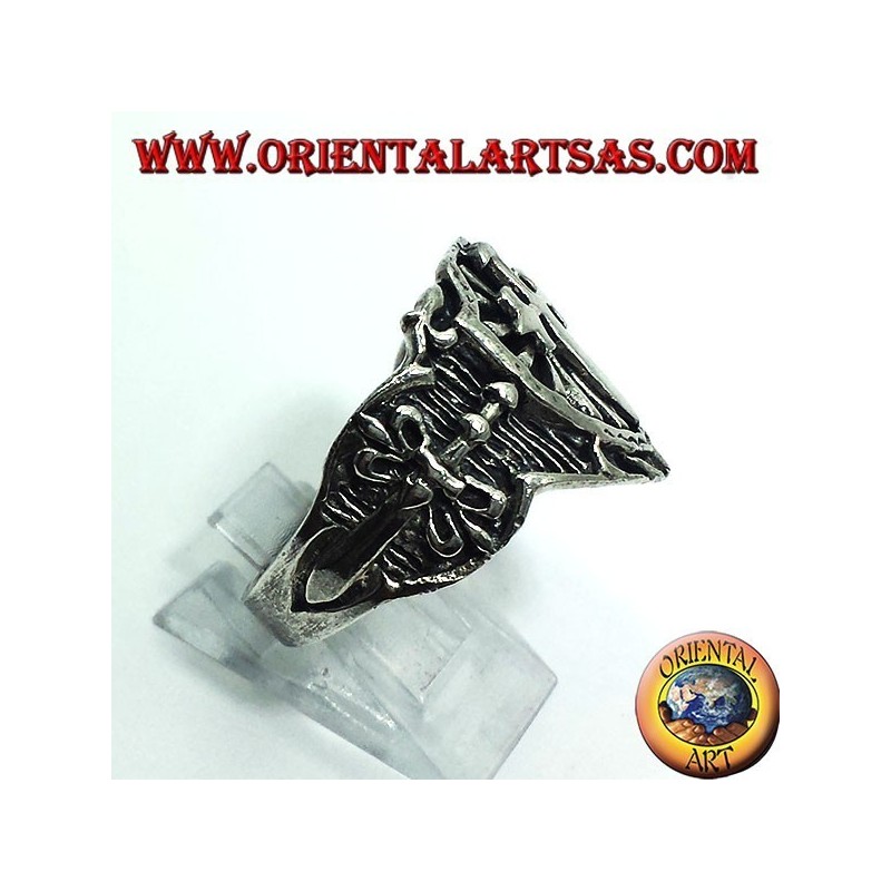 Anello in argento, scudo croce spada medievale