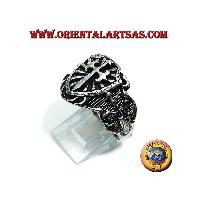 Silver ring, shield medieval sword cross