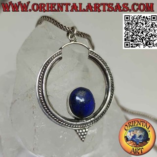 Silver pendant, circle decorated with oval lapis lazuli inside