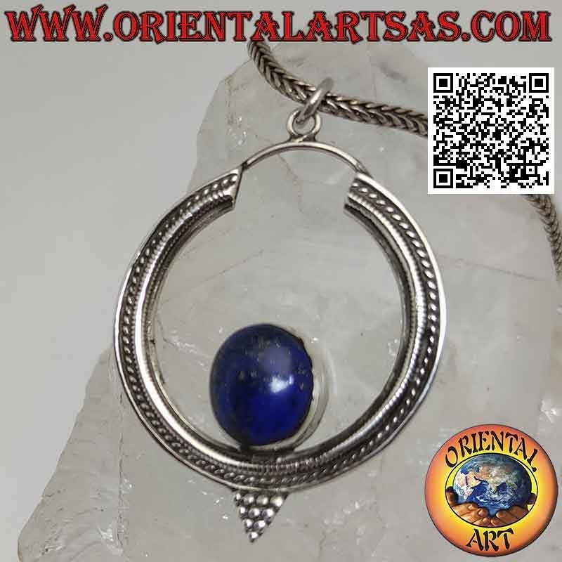 Pendentif en argent, cercle orné de lapis lazuli ovale à l'intérieur
