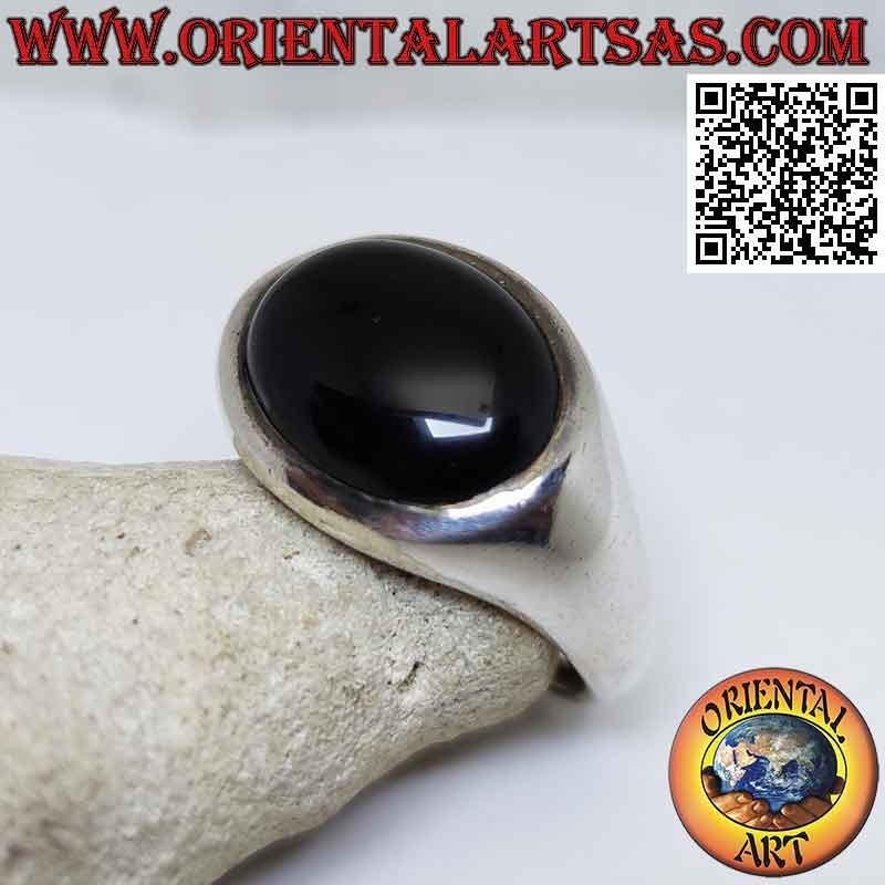 Anello in argento liscio con onice orizzontale cabochon rialzata