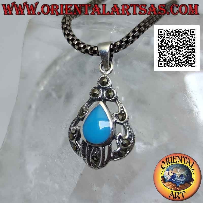 Colgante de plata con pasta de turquesa en forma de gota rodeado de decoración perforada tachonada de marcasita