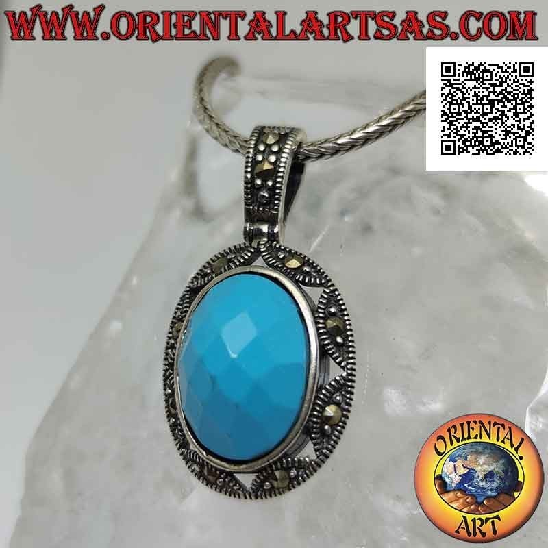 Silver pendant with faceted oval turquoise paste surrounded by a row of marcasite