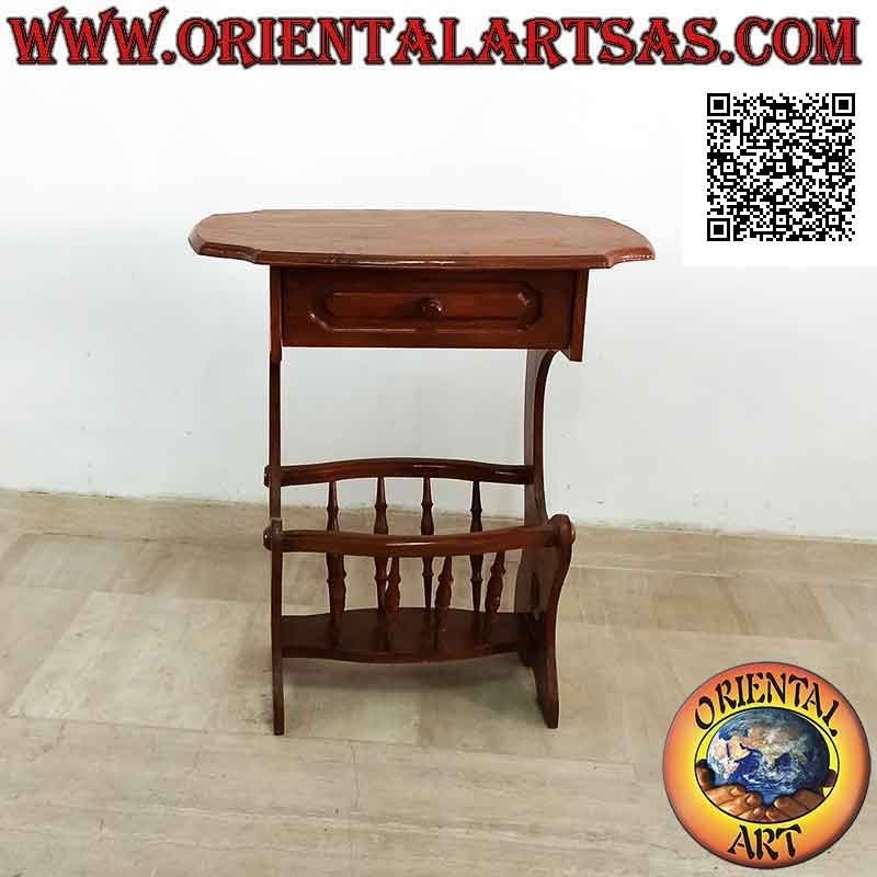 Mesa de centro con soporte para periódicos / revistas y cajón en madera de teca