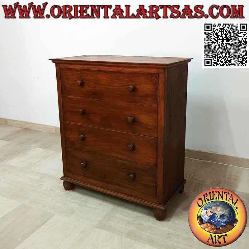 Commode rectangulaire à quatre tiroirs et pieds ronds en bois de teck