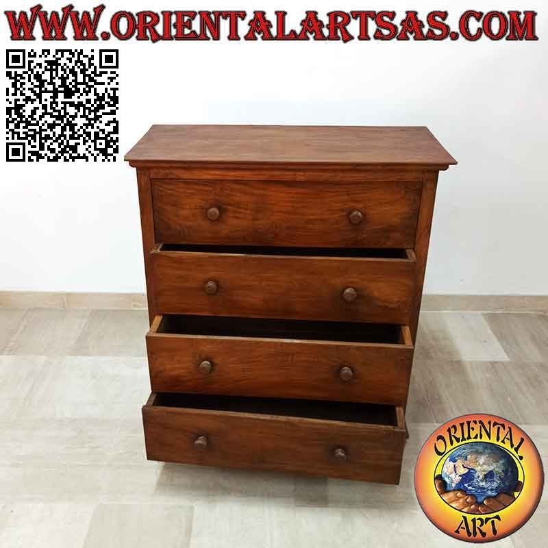 Rectangular chest of drawers with four drawers and round feet in teak wood
