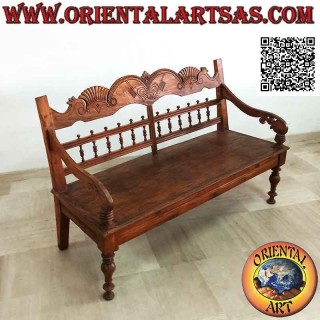 Banc trois places avec décoration royale sculptée à la main en bois de teck antique