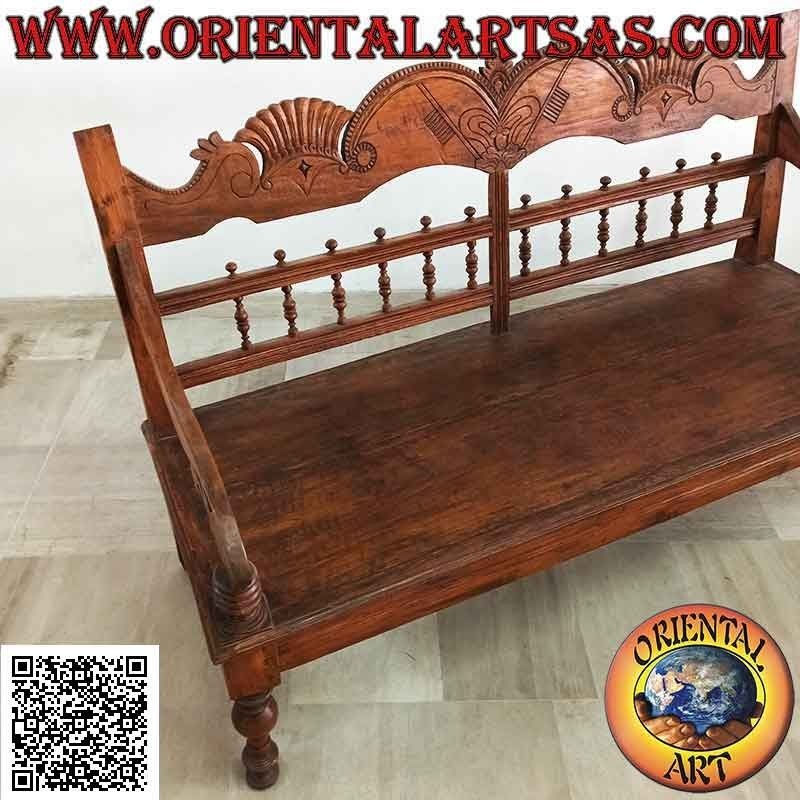 Panca a tre posti con decorazione reale intagliata a mano in legno antico di teak