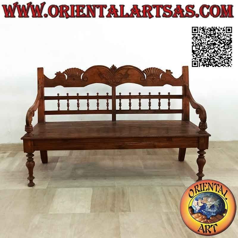 Three-seater bench with royal decoration hand-carved in antique teak wood
