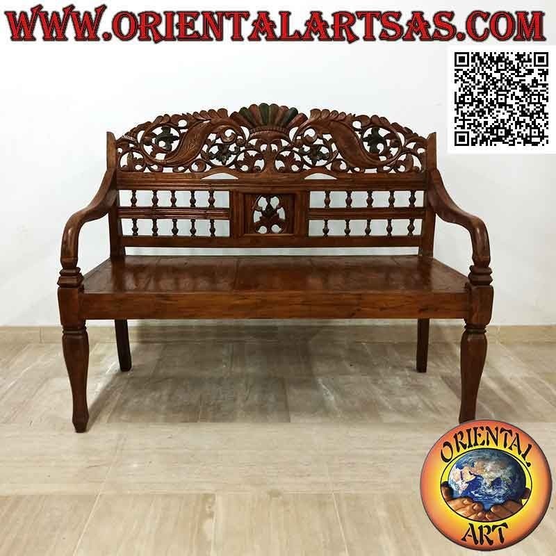 Two-seater bench with floral decoration and hand-carved crown in antique teak wood