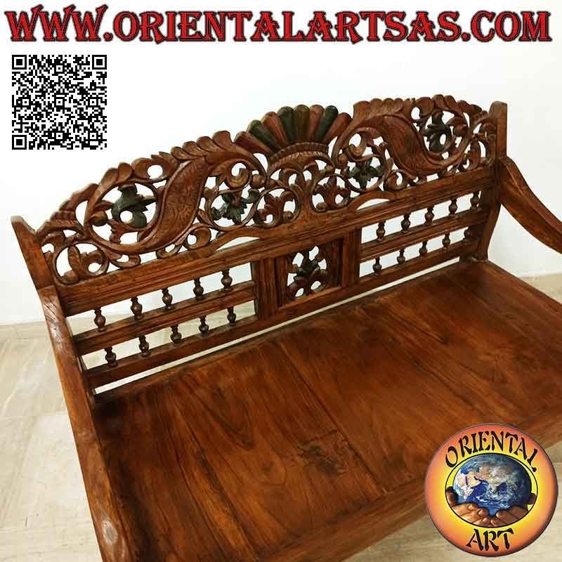 Banc deux places avec décoration florale et couronne sculptée à la main en bois de teck antique
