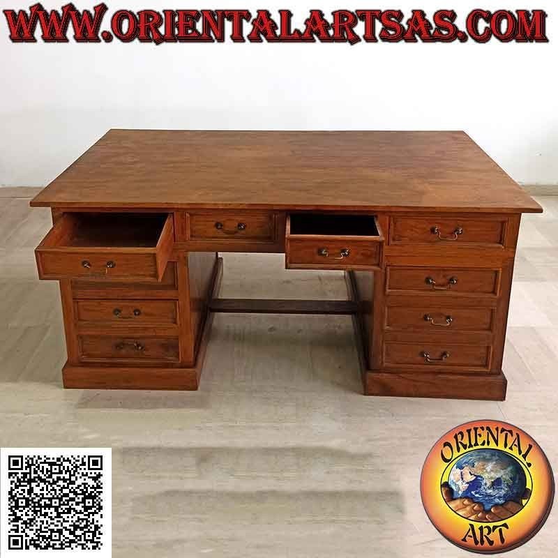 "King" desk with 10 drawers, footrest and wooden top, in teak wood (180 x 100)
