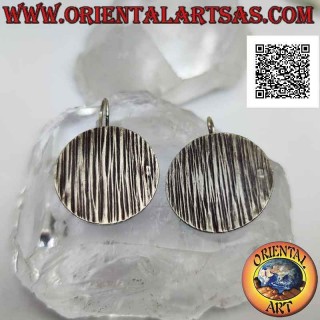Silver leverback earrings with round plate with random vertical engravings