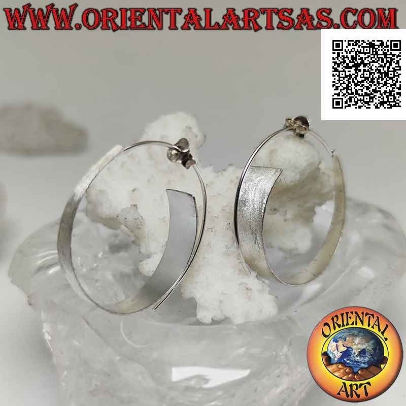 Silver flat and satin wide crescent spiral circle earrings with butterfly clasp