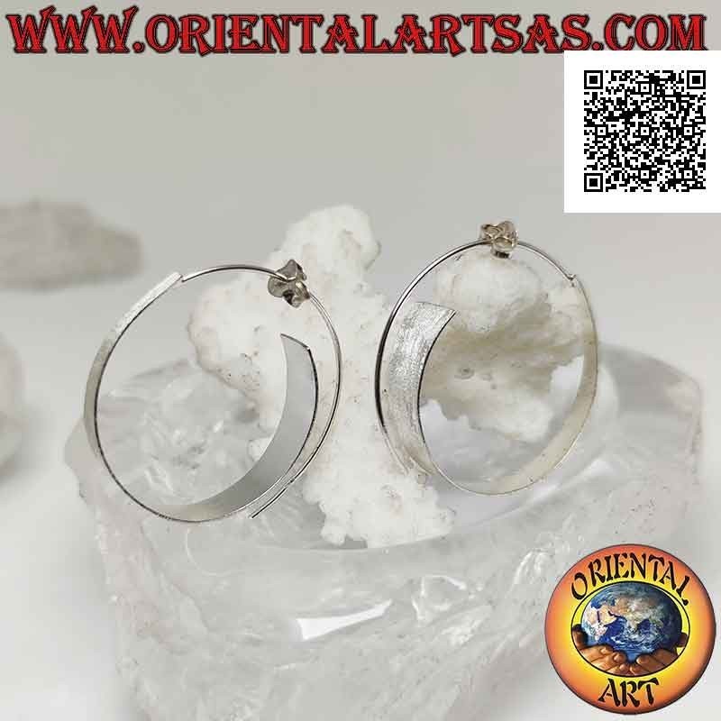 Silver flat and satin wide crescent spiral circle earrings with butterfly clasp