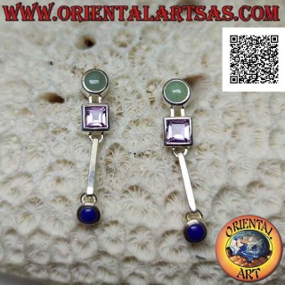 Pendientes lóbulos de plata con jade, amatista y lapislázuli en un engaste liso