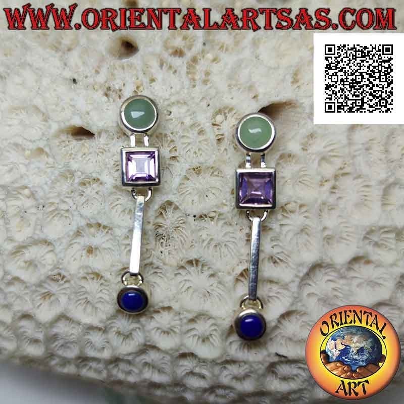 Pendientes lóbulos de plata con jade, amatista y lapislázuli en un engaste liso